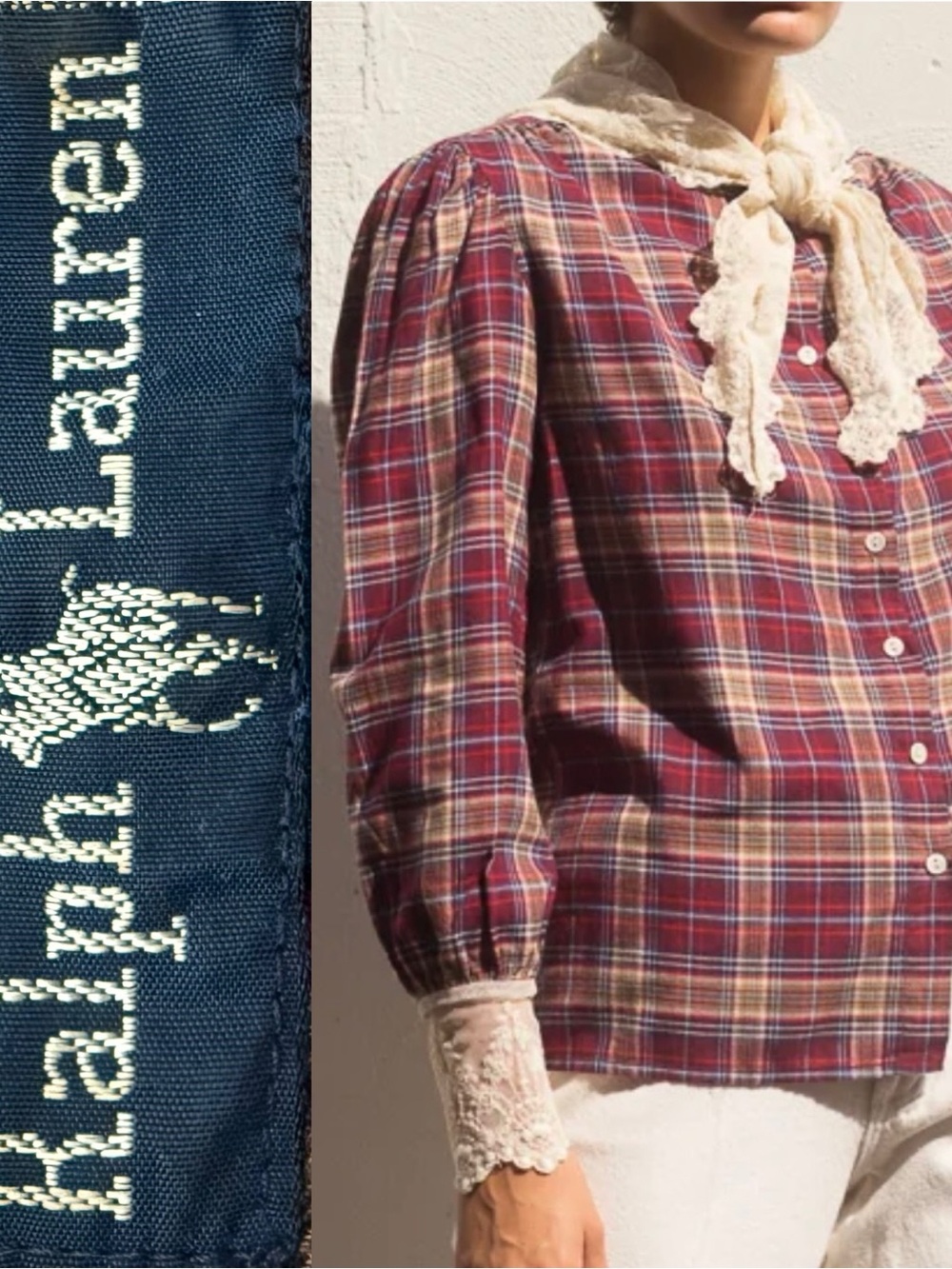 Vintage 80’s Ralph Lauren Plaid Flannel Button Front
Lace Trim Scarf Cuffs